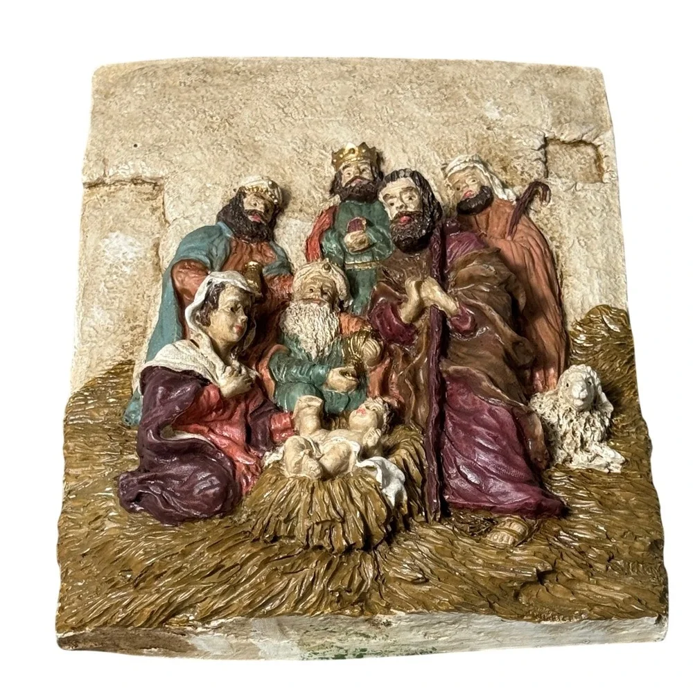 Nativity Scene Wall Plaque Vintage Baby Jesus Birth Lamb Religious Art Christmas